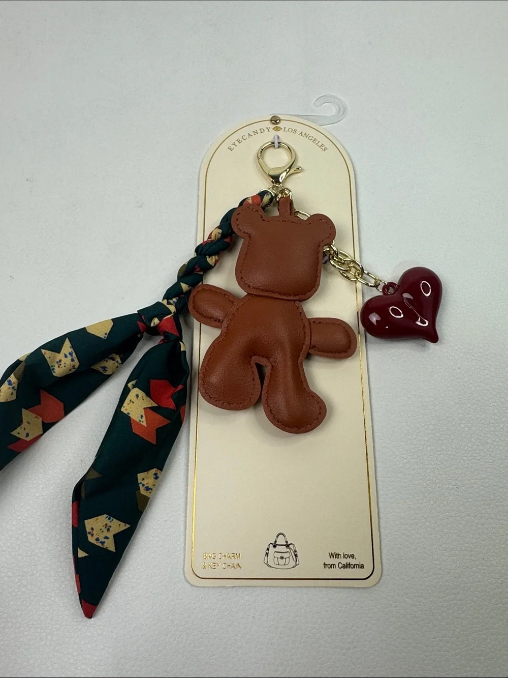 EYECANDY Brown Bear Keychain with Green Scarf Red Heart Charm Gold clip NEW NWT